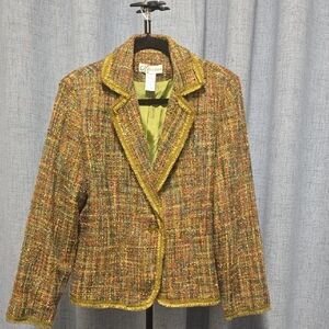 Dress Barn Boucle Blazer 10 Lime Multicolor With Gorgeous Subtle Ruffle Detail